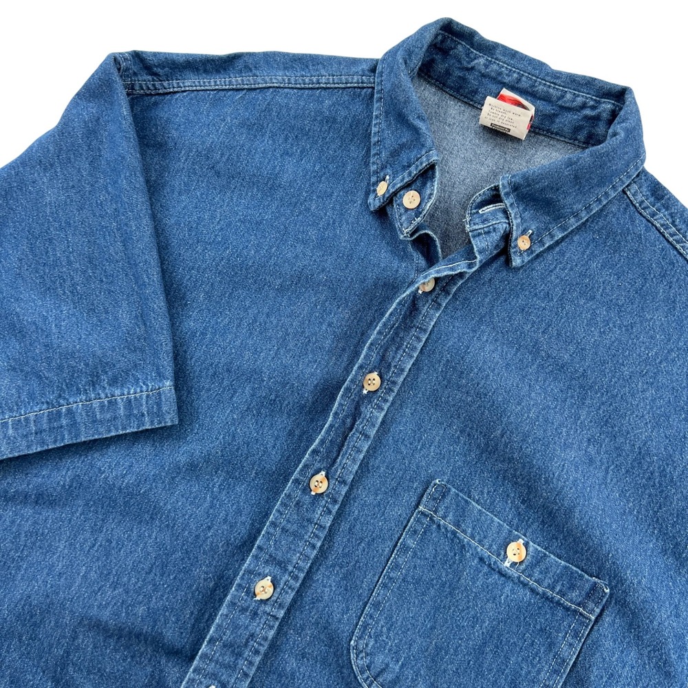 Vintage Union Line Blue Denim Short Sleeve Button Down Shirt Mens XL USA UFCW